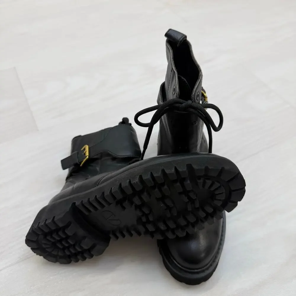 Valentino Black Leather Lace-Up Boots with Gold V-Buckle